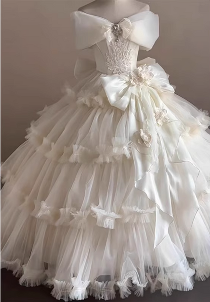 Gorgeous Ivory Applique Beaded Off-the-shoulder Sweet 16 Quinceanera A-Line Tulle Evening Dress Ball Gown TP4913