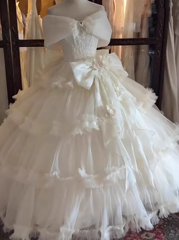 Gorgeous Ivory Applique Beaded Off-the-shoulder Sweet 16 Quinceanera A-Line Tulle Evening Dress Ball Gown TP4913