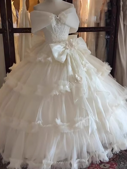 Gorgeous Ivory Applique Beaded Off-the-shoulder Sweet 16 Quinceanera A-Line Tulle Evening Dress Ball Gown TP4913