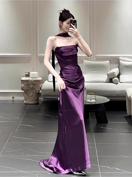 Chic Purple Satin Sheath Evening Gown Strapless Party Dress Long Formal Dress TP4917