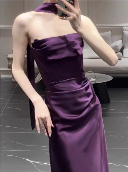 Chic Purple Satin Sheath Evening Gown Strapless Party Dress Long Formal Dress TP4917