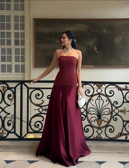 Elegant Burgundy Satin A-Line Evening Gown Strapless Party Dress Long Formal Dress TP4922