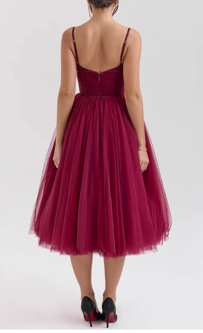 Elegant Burgundy A-Line Evening Gown Sweetheart Spaghetti Strap Party Dress Tulle Long Formal Dress TP4930