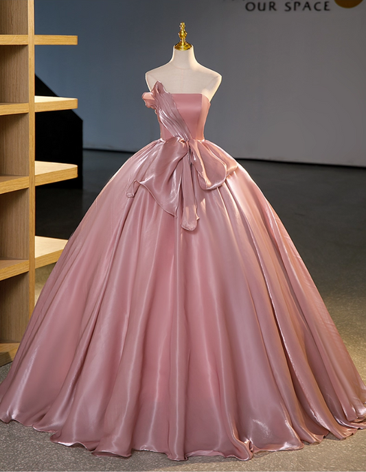 Elegant Pink Satin Strapless Sweet 16 Quinceanera A-Line Evening Dress Ball Gown TP4932