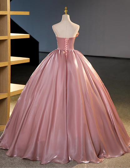 Elegant Pink Satin Strapless Sweet 16 Quinceanera A-Line Evening Dress Ball Gown TP4932
