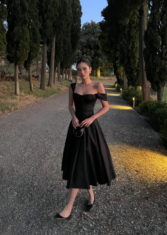 Chic Black A-Line Evening Gown Straps Party Dress Tea Length Formal Dress TP4920