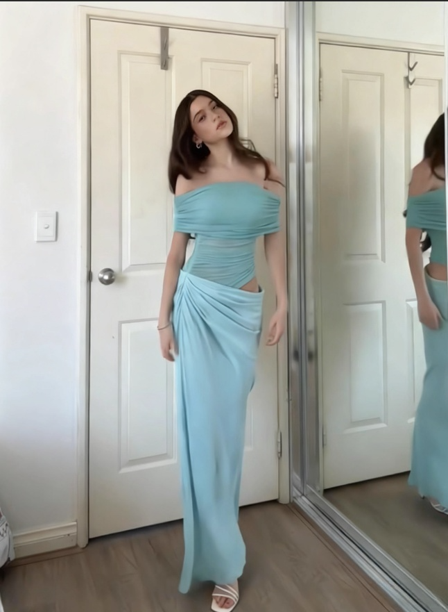 Chic Turquoise Sheath Evening Gown Off-the-shoulder Party Dress Tulle Long Formal Dress TP4927