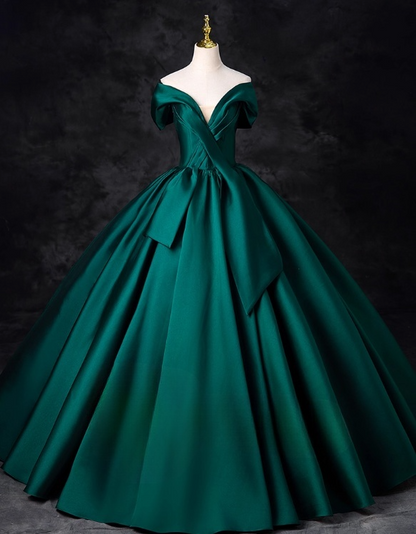 Vintage Dark Green Satin V-neck Off-the-shoulder A-Line Floor Length Quinceanera Ball Gown TP5194