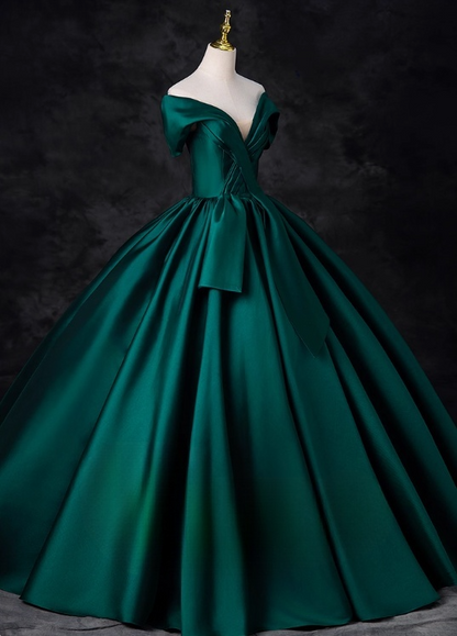Vintage Dark Green Satin V-neck Off-the-shoulder A-Line Floor Length Quinceanera Ball Gown TP5194