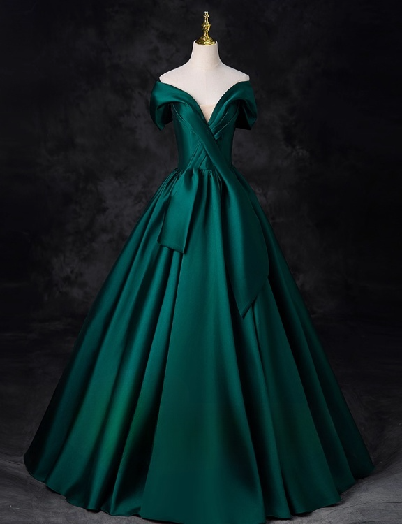 Vintage Dark Green Satin V-neck Off-the-shoulder A-Line Floor Length Quinceanera Ball Gown TP5194