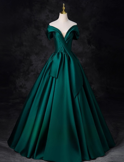 Vintage Dark Green Satin V-neck Off-the-shoulder A-Line Floor Length Quinceanera Ball Gown TP5194