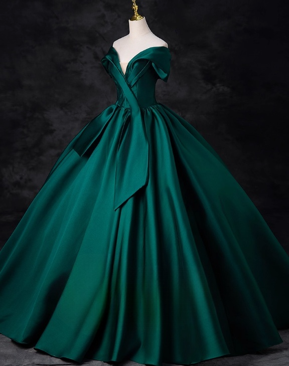 Vintage Dark Green Satin V-neck Off-the-shoulder A-Line Floor Length Quinceanera Ball Gown TP5194
