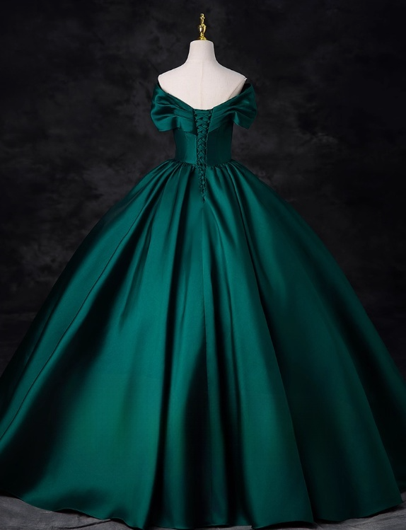 Vintage Dark Green Satin V-neck Off-the-shoulder A-Line Floor Length Quinceanera Ball Gown TP5194