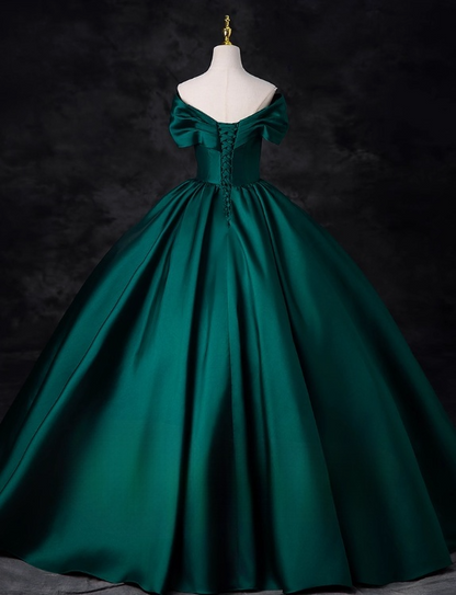 Vintage Dark Green Satin V-neck Off-the-shoulder A-Line Floor Length Quinceanera Ball Gown TP5194