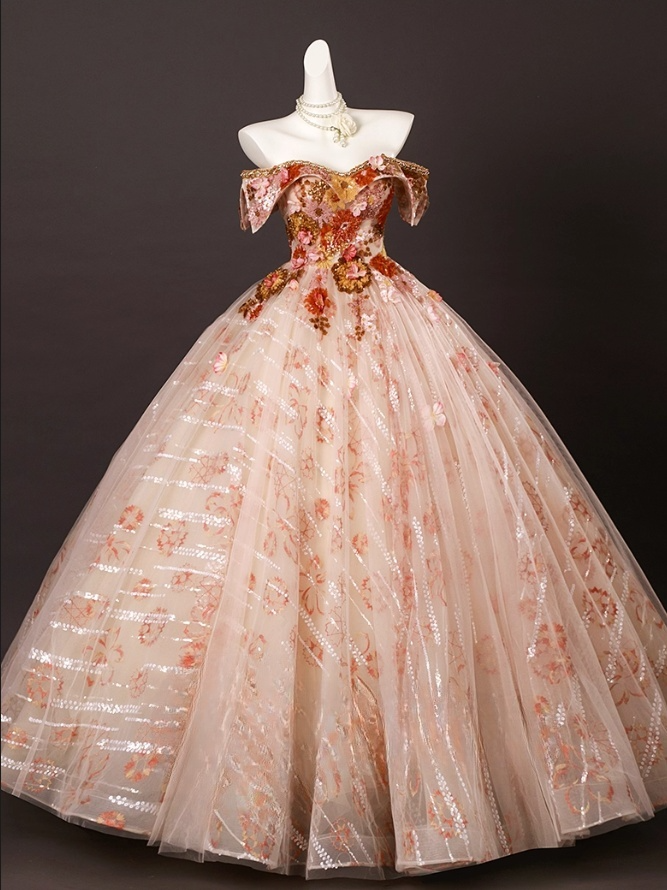 Glamorous Floral Sequin Beaded Tulle Off-the-shoulder Sweetheart A-Line Quinceanera Ball Gown TP5195