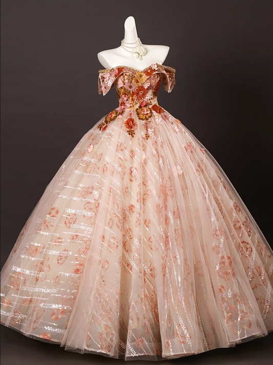 Glamorous Floral Sequin Beaded Tulle Off-the-shoulder Sweetheart A-Line Quinceanera Ball Gown TP5195