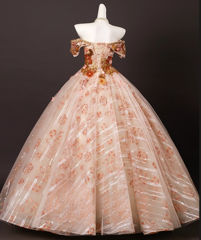 Glamorous Floral Sequin Beaded Tulle Off-the-shoulder Sweetheart A-Line Quinceanera Ball Gown TP5195