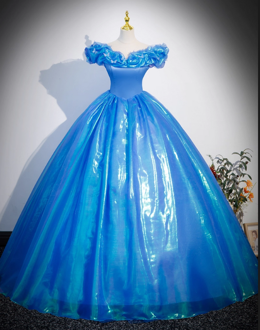 Vintage Blue Off-the-shoulder Tulle Cinderella Style Quinceanera Ball Gown TP5196
