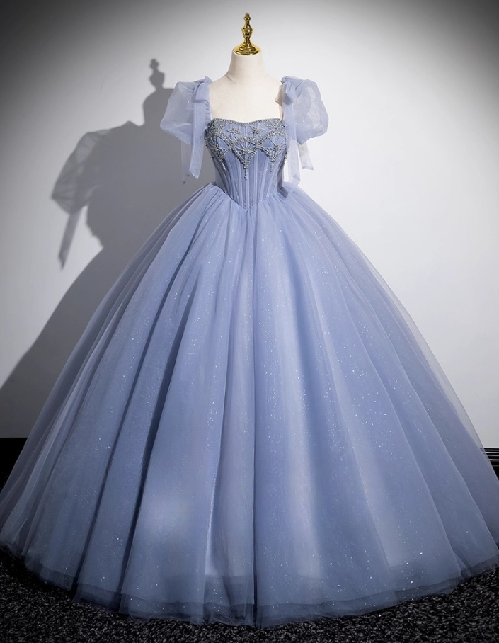 Vintage Dusty Blue Tulle Beaded Puff Sleeves A-Line Quinceanera Ball Gown TP5197