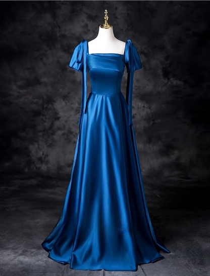 Vintage Royal Blue Satin Prom Dress A-Line Evening Gown Short-sleeved Party Dress Long Formal Dress TP5199