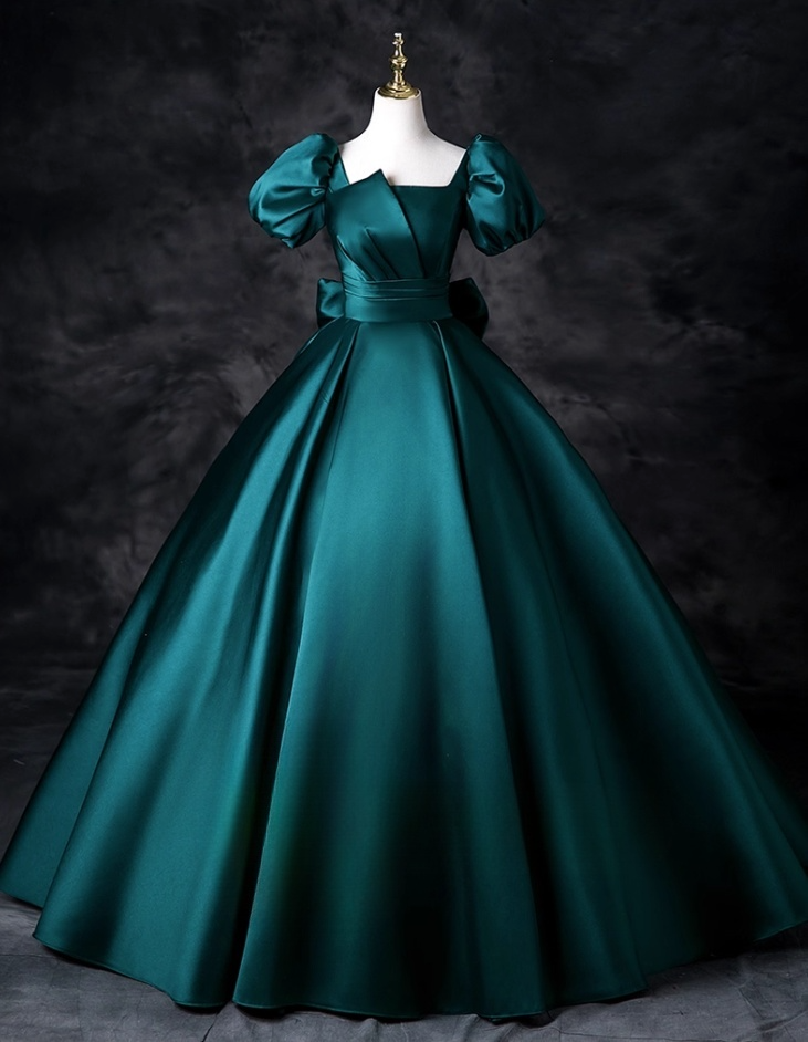 Elegant Dark Green Satin Sweet 16 Puff Sleeves A-Line Quinceanera Ball Gown TP5200