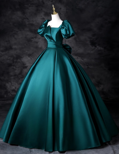 Elegant Dark Green Satin Sweet 16 Puff Sleeves A-Line Quinceanera Ball Gown TP5200