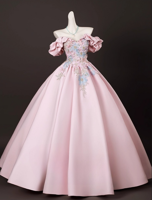 Elegant Pink Satin Applique Sweet 16 Quinceanera A-Line Off-the-shoulder Evening Dress Long Ball Gown TP4936