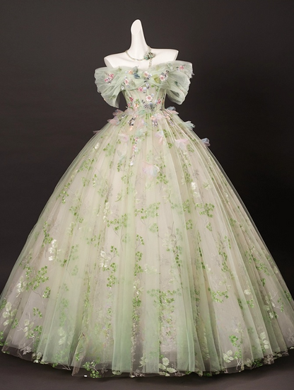 Elegant Light Green Tulle Floral Sweet 16 Quinceanera A-Line Off-the-shoulder Evening Dress Long Ball Gown TP4937