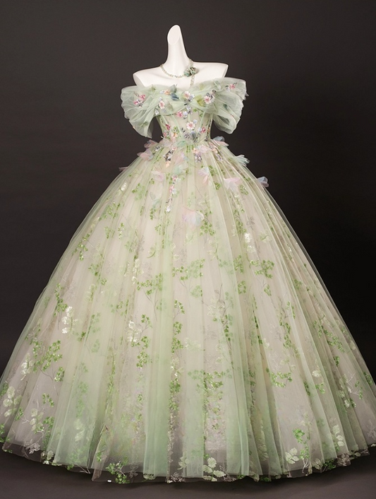 Elegant Light Green Tulle Floral Sweet 16 Quinceanera A-Line Off-the-shoulder Evening Dress Long Ball Gown TP4937