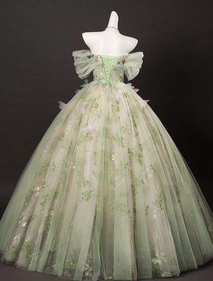 Elegant Light Green Tulle Floral Sweet 16 Quinceanera A-Line Off-the-shoulder Evening Dress Long Ball Gown TP4937