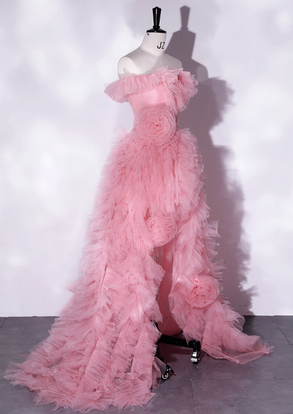 Vintage Pink A-Line Evening Gown Tulle Off-the-shoulder  Party Dress Long Formal Dress TP4940