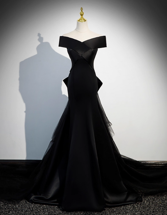 Vintage Black A-Line Evening Gown Satin Off-the-shoulder Party Dress Tulle Dress Hem Formal Dress TP4941