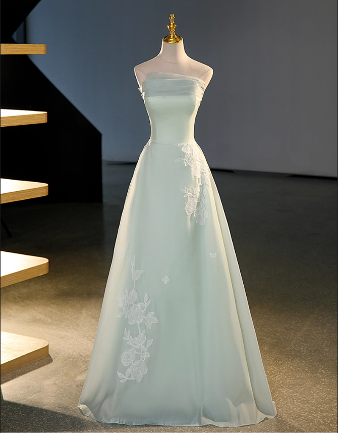 Vintage Sage Green A-Line Applique Evening Gown Satin Strapless Party Dress Long Formal Dress TP4942