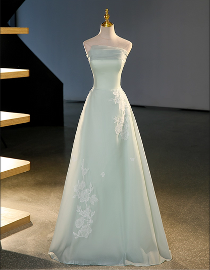 Vintage Sage Green A-Line Applique Evening Gown Satin Strapless Party Dress Long Formal Dress TP4942