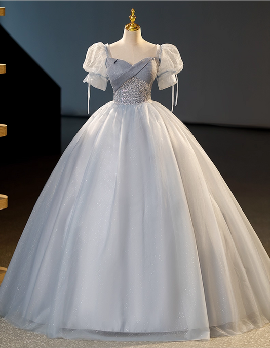 Elegant Dusty Blue A-Line Beaded Evening Gown Tulle Short-sleeved Party Dress Long Formal Dress TP4943