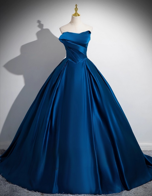Elegant Royal Blue Satin Sweet 16 Quinceanera A-Line Strapless Evening Dress Long Ball Gown TP4944