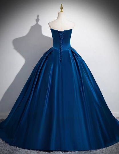 Elegant Royal Blue Satin Sweet 16 Quinceanera A-Line Strapless Evening Dress Long Ball Gown TP4944