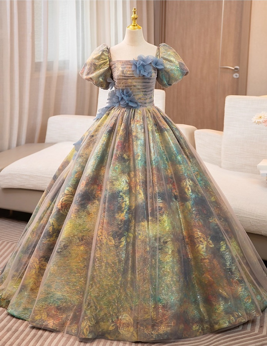 Vintage Court Retro Style Sweet 16 Quinceanera 3D Flowers Short-sleeved Evening Dress Long Ball Gown TP4945
