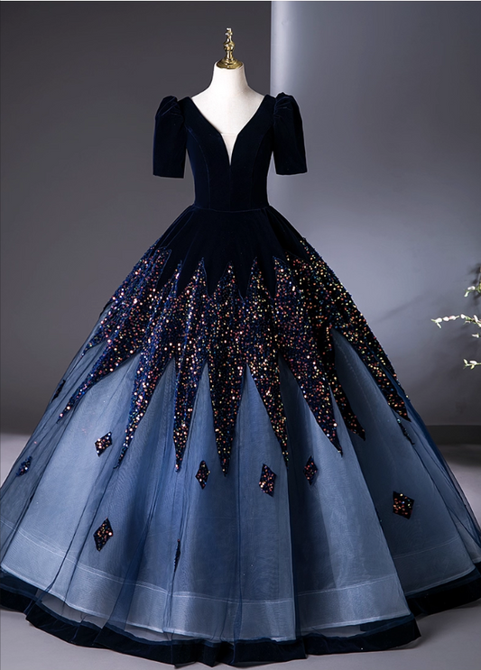 Vintage Navy Blue Velvet Beaded Sweet 16 Quinceanera A-Line V-neck Short-sleeved Evening Dress Long Ball Gown TP4947