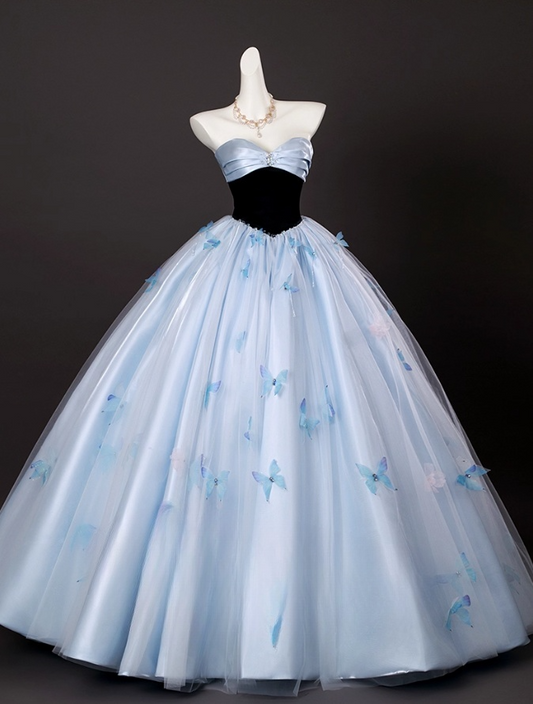 Chic Sky Blue Sweetheart Beaded Sweet 16 Quinceanera 3D Flowers A-Line Strapless Evening Dress Long Ball Gown TP4948