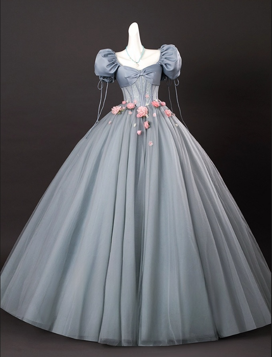 Chic Dusty Blue Sweet 16 Quinceanera 3D Flowers A-Line Puffy Sleeves Evening Dress Long Ball Gown TP4949