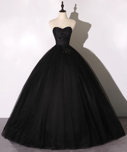 Vintage Black Applique A-Line Evening Gown Tulle Strapless Party Dress Long Formal Dress TP4951