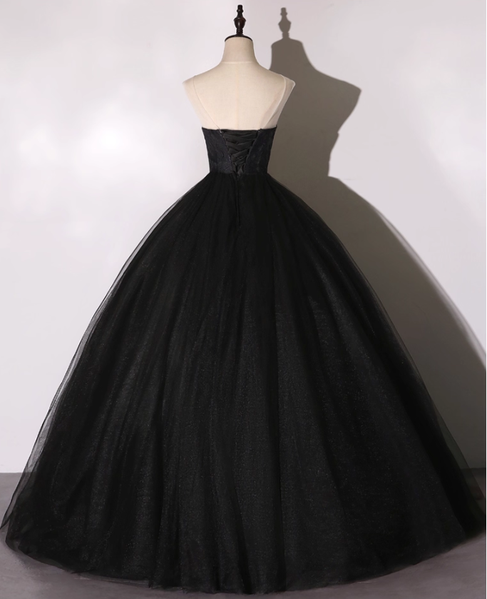 Vintage Black Applique A-Line Evening Gown Tulle Strapless Party Dress Long Formal Dress TP4951