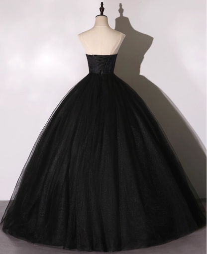 Vintage Black Applique A-Line Evening Gown Tulle Strapless Party Dress Long Formal Dress TP4951