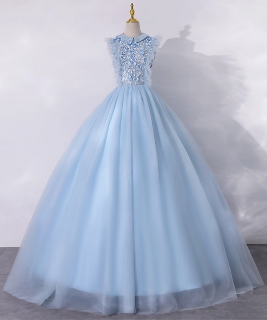 Vintage Sky Blue Applique Beaded A-Line Evening Gown Tulle Collar Party Dress Sleeveless Long Formal Dress TP4952