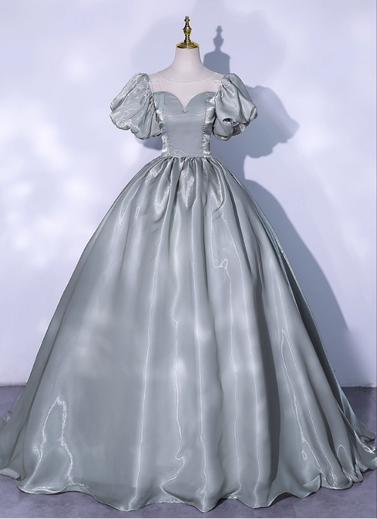 Vintage Greyish-green Satin A-Line Evening Gown Sweetheart Puffy Sleeve Party Dress Long Formal Dress TP4953