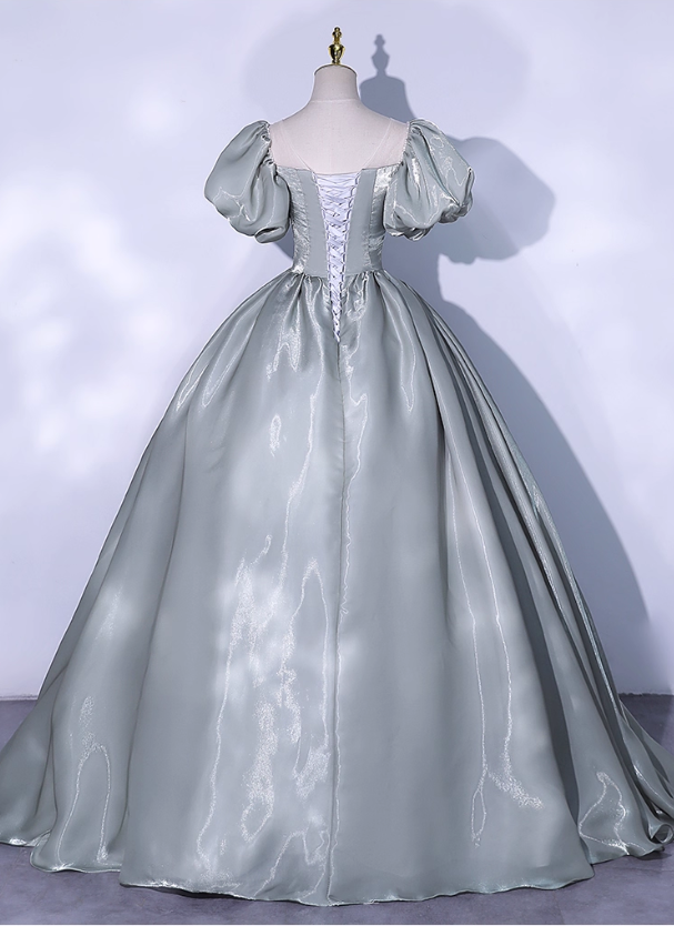 Vintage Greyish-green Satin A-Line Evening Gown Sweetheart Puffy Sleeve Party Dress Long Formal Dress TP4953