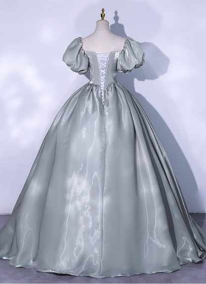 Vintage Greyish-green Satin A-Line Evening Gown Sweetheart Puffy Sleeve Party Dress Long Formal Dress TP4953