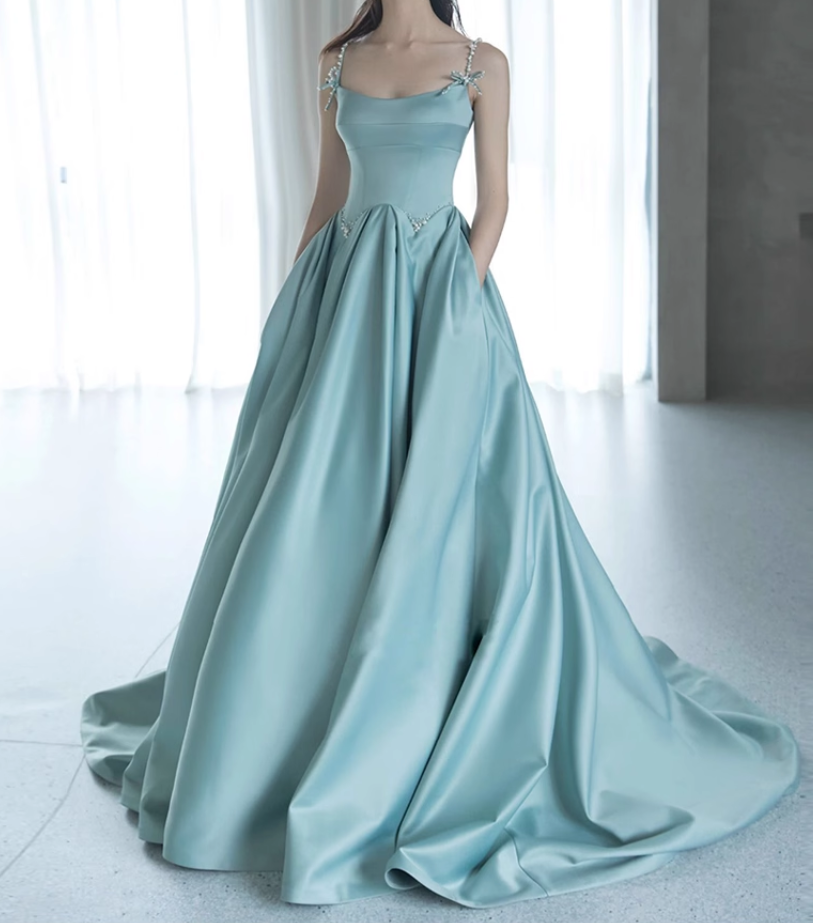 Vintage Turquoise Satin A-Line Evening Gown Spaghetti Strap Party Dress Long Formal Dress TP4954