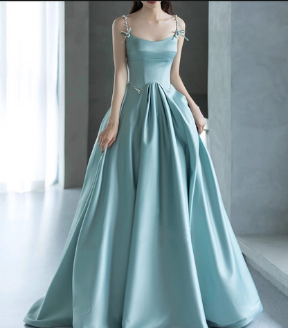 Vintage Turquoise Satin A-Line Evening Gown Spaghetti Strap Party Dress Long Formal Dress TP4954